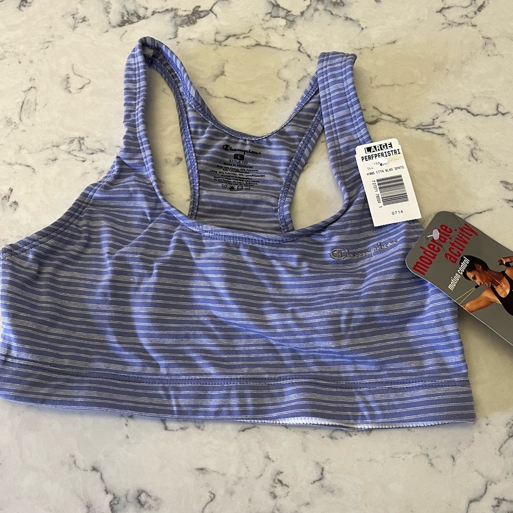 NWT Champion Womens Sports Bra. Size Large. Blue and white pinstriped.